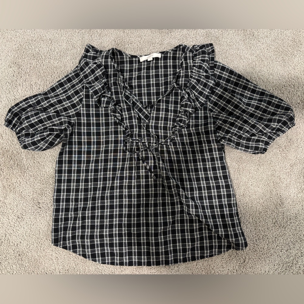 LOFT Black and White Puff Sleeve Blouse with Bib Collar and White Eyelet Top